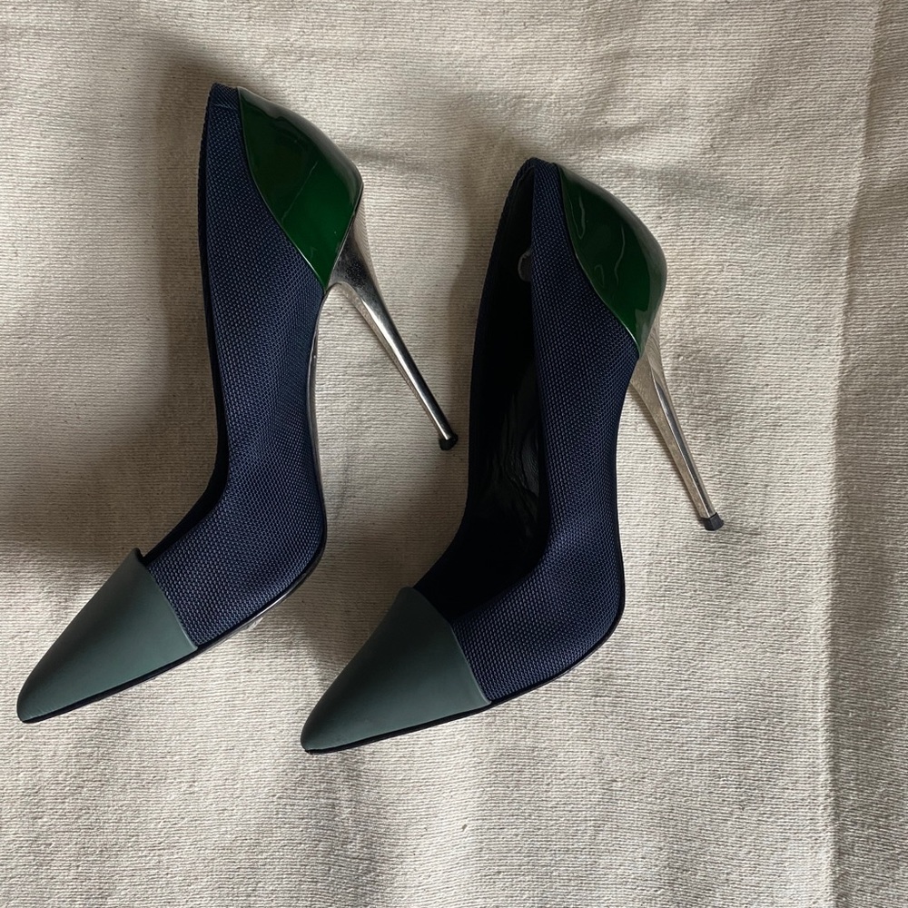 Blue, silver and green Proenza heels